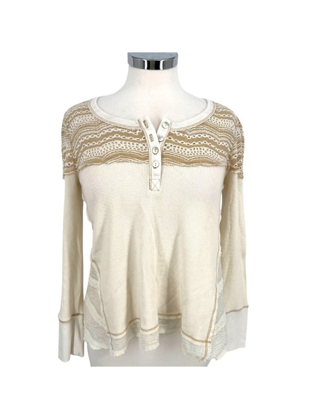 Sundance Clara Thermal Ivory Lace Button Accent Long Sleeve Top Size Medium